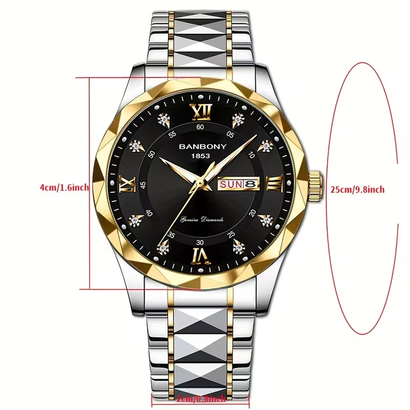 1 New Stainless Steel Men'S Quartz Watch with Roman Numerals, Rhinestone Dial, Date Calendar, Trendy Minimalist Luxury Brand, Luminous Sports Casual Business Multi-Functional Watch - Ideal Birthday Gift and Holiday Present, Elegant Watch For Men