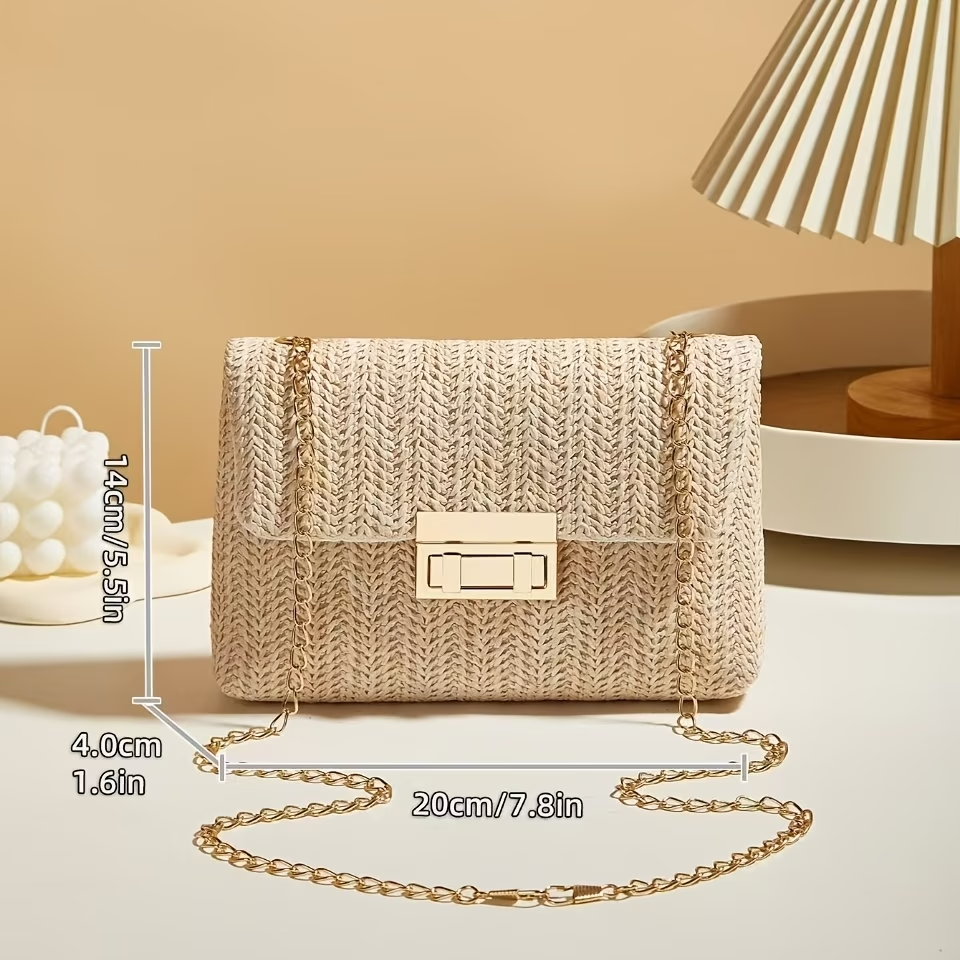 Women'S Straw Woven Shoulder Bag Handwoven Crossbody Bag Chain Closure Square Bag