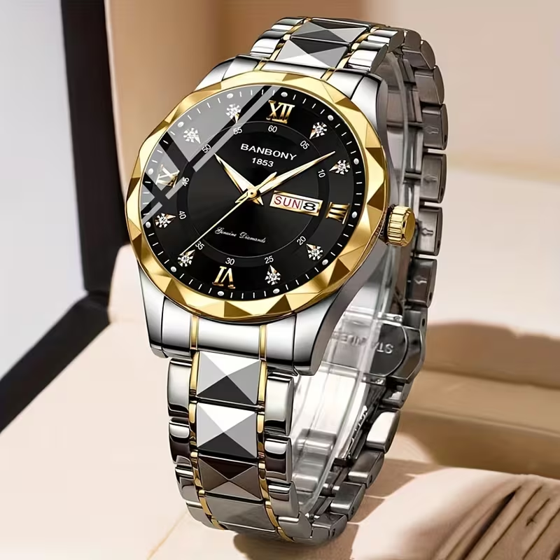 1 New Stainless Steel Men'S Quartz Watch with Roman Numerals, Rhinestone Dial, Date Calendar, Trendy Minimalist Luxury Brand, Luminous Sports Casual Business Multi-Functional Watch - Ideal Birthday Gift and Holiday Present, Elegant Watch For Men
