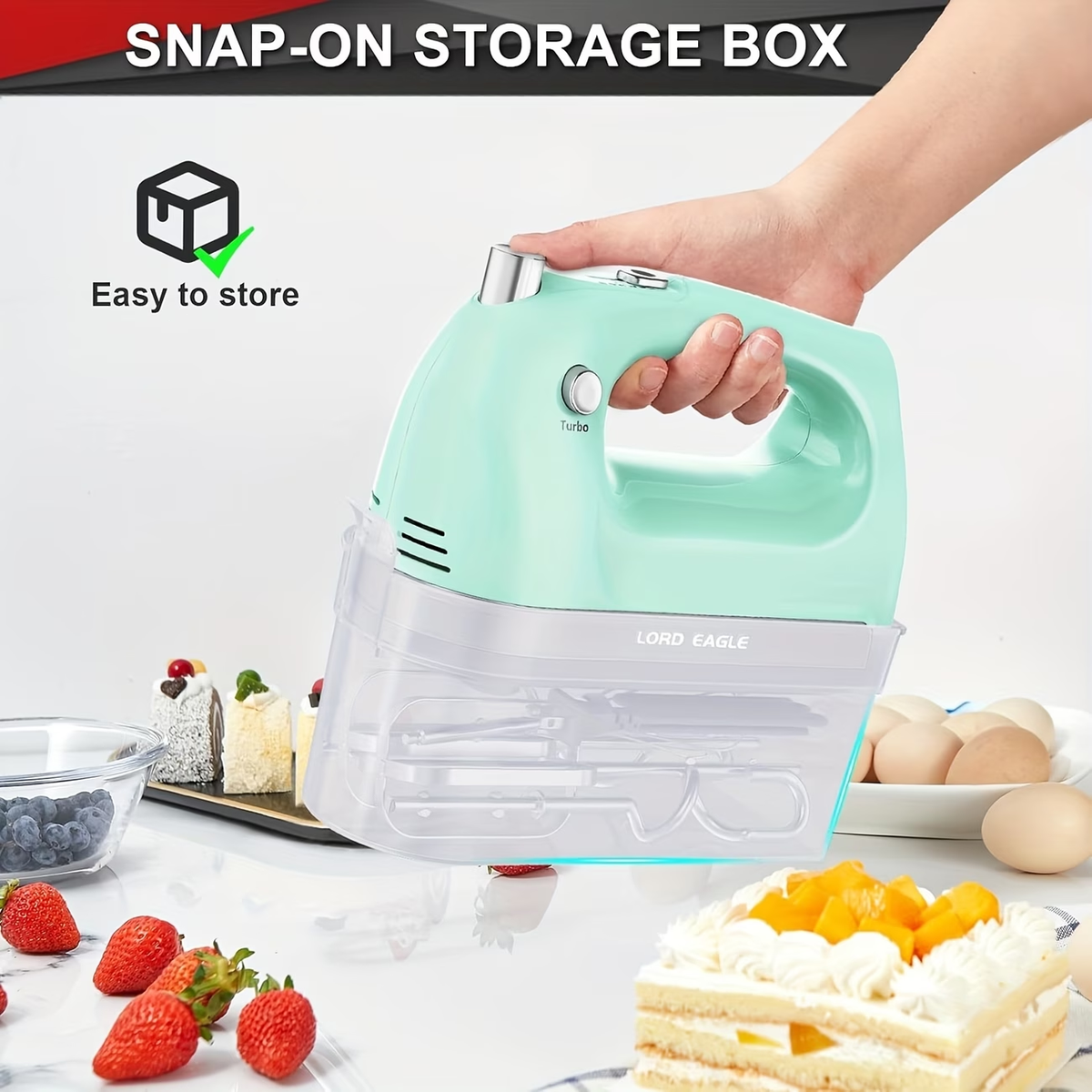 Electric Hand Mixer Complete Set with Attachment Storage Case, Includes 5 Stainless Steel Accessories, Turbo Boost & 5-Speed Settings for All Baking Needs
