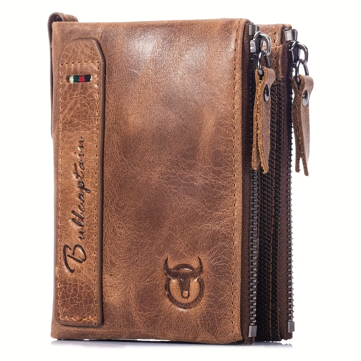 Men's Genuine Leather Wallet, Vintage Style, Animal Pattern, Braided Weave, Ruffle Detail, with Dual Zipper Pockets, Men's Everyday Wallet | Retro Charm Wallet | Crafed with Detailing