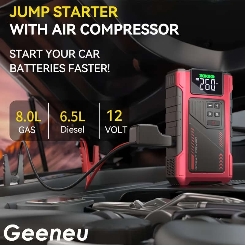 9-in-1 Portable Jump Starter with Air Compressor, Battery Jump Starter Portable Peak, Car Battery Charger Portable For12V(8.0LGas/1.72gal Diesel) Start The Car Quickly, USB Input/output, LED Emergency, Car Accessories Tools, Wireless Car Air