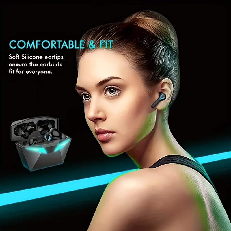 [Gaming Earbuds] 40H Wireless Bluetooth Gaming Earbuds | Blue Light Headset with 3D Surround Sound, Touch Control, Blue LED Eyes - Perfect for Streamers & Gamers