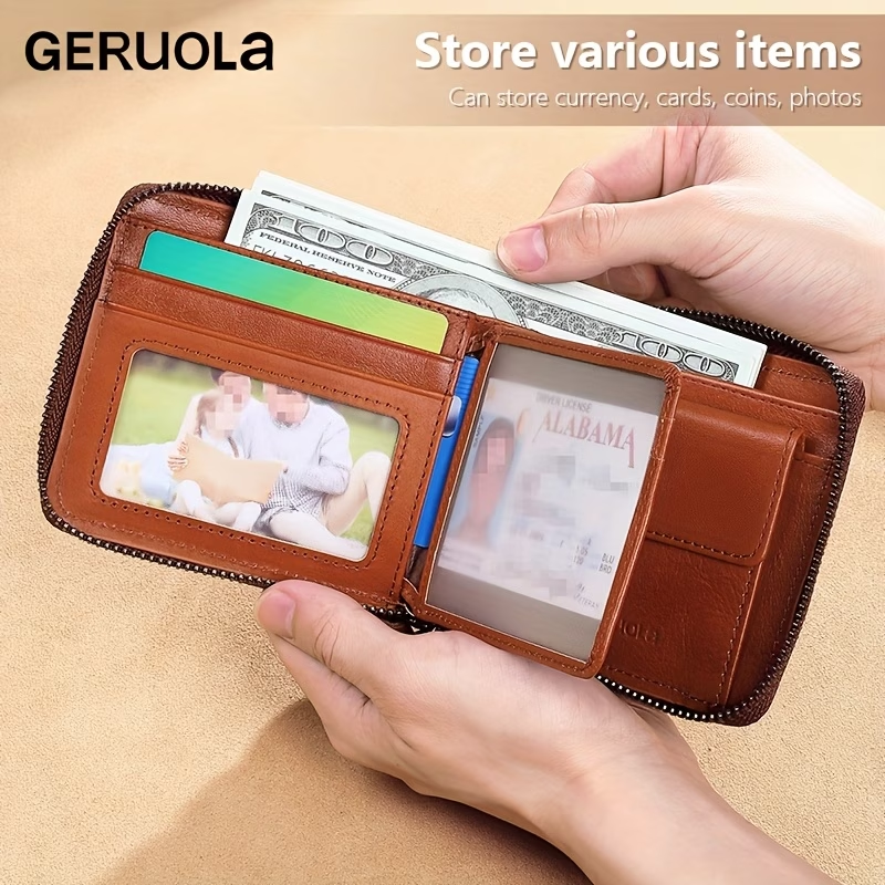 Men'S New Genuine Leather Short Wallet with Large Capacity, Zipper, Tri-Fold Design, And Ultra-Thin Cardholder