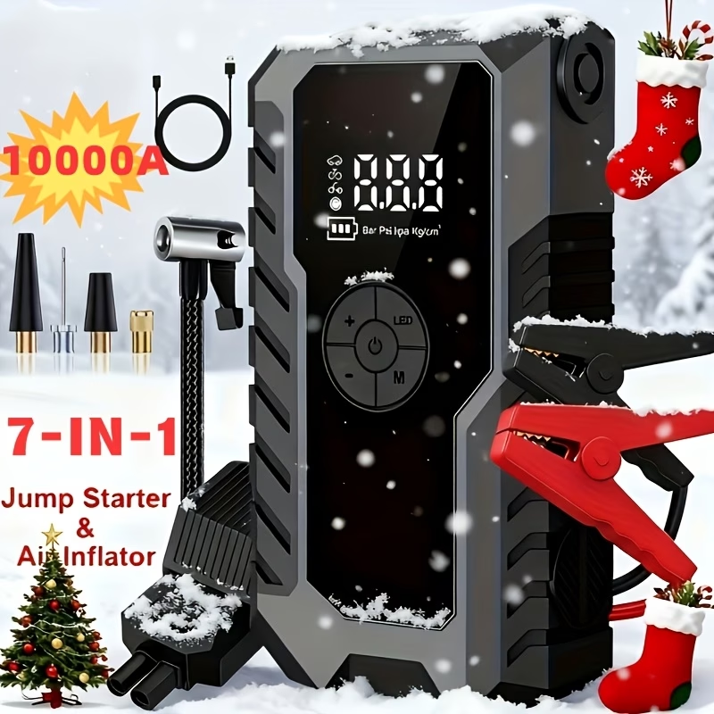 10000A 7-in-1 Multifunctional Emergency Jump Starter With 150PSI Air Pump, Digital Tire Inflator, Portable Car Battery Charger, Up To 2.64gal Gas/2.38gal Diesel, LED Emergency Light & USB Charging, Car Emergency Tool.Suitable As A Holiday Gift.