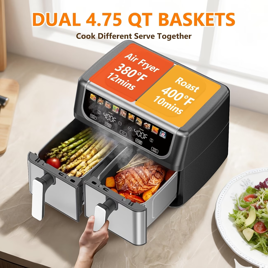 9.5 Quart Large Dual Basket Air Fryer with Double Basket, Independent Temp Control & Sync Mode, 10 Presets (Bake/Broil/Defrost/Dehydrate), Shake Reminder System, Compatible for Plug for Appliance
