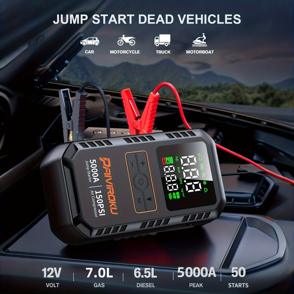 7-in-1 Portable Jump Starter with Air Compressor, 150 PSI Air Pump for Car Tires, 5000A Peak Jump Starter for Car (7.0LGas/1.59gal Diesel), LCD Display, LED Flashlight and Emergency Light, QC3.0 Fast Charging Portable Power Bank