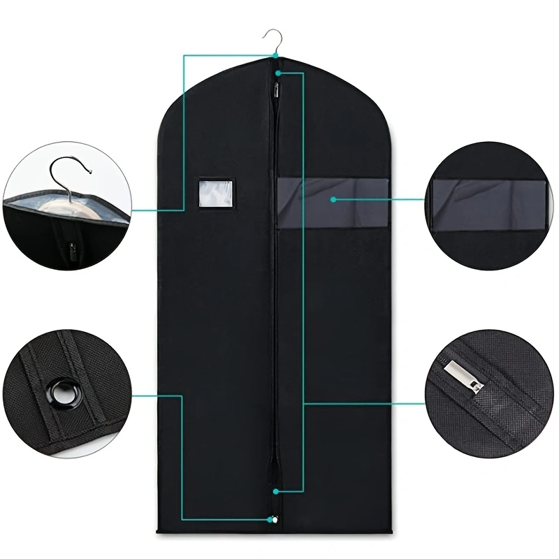 Black non-woven garment storage and dust cover; hanging suit organizer bag with a clear viewing window; easy-to-maintain, moisture-proof, and dust-proof storage bag for formal wear and suits.
