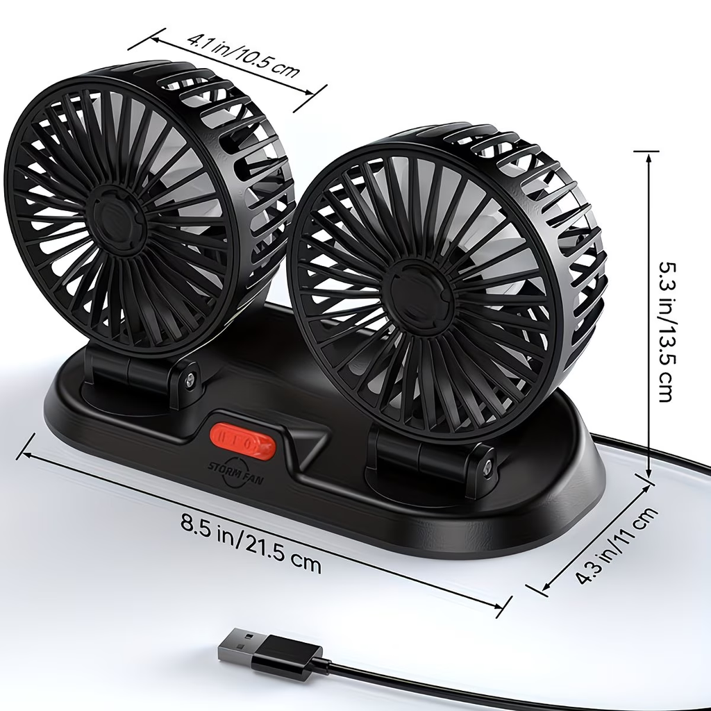 USB Fan for Cars with Dual Heads, 360° Adjustable - Ideal for Computers And Gadgets, Features 2 Speed Settings, Works with Trucks And Suvs - Compatible with Laptops