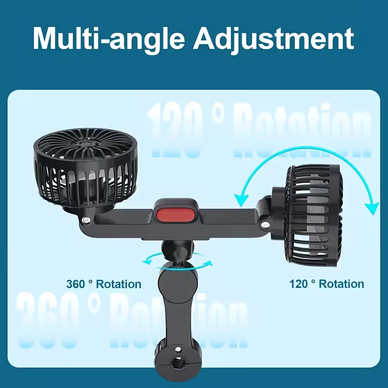 Car mounted RV silent fan, dual fan, car mounted fan, dual head rear ventilation fan, powerful wind power, 360 degree rotation, super large airflow, ultra quiet operation, easy to clip and install, suitable for cars and homes