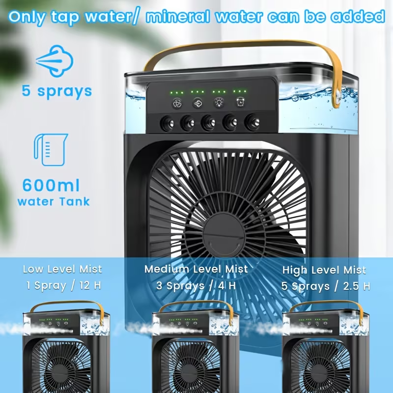 Portable Air Conditioner Five Hole Portable Fan Cooling Spray Fan Five Hole Humidification, Three Speed Adjustable, Fast Cooling, 20.29oz Large Capacity Water Tank, Five Nozzles, Adjustable Fog Volume, Three in One Blowing/cooling