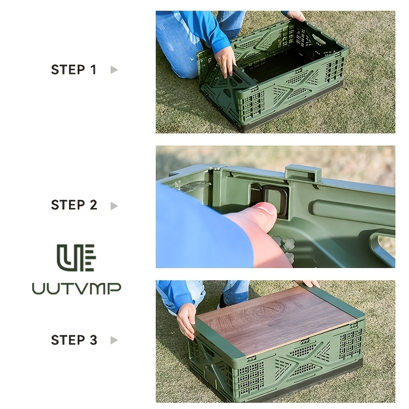 Collapsible storage box with wooden top—foldable, stackable, and suitable for outdoor camping, patio use, kitchen storage, and more.