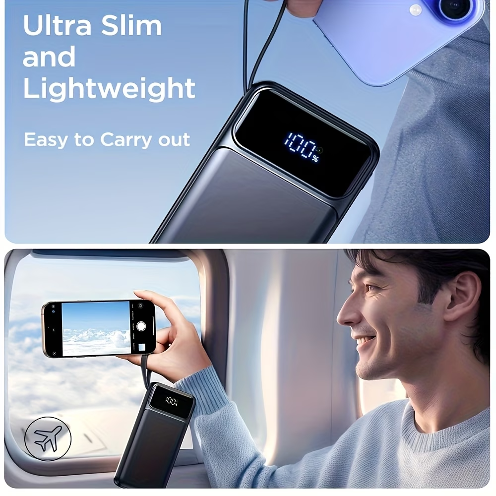 Power Bank: 20000mAh, 20W Fast Charging Portable Charger, Built-in Cable, USB C Battery Pack, Ultra-thin Portable Mobile Phone Charger. Spare Battery Suitable For All Mobile Phones And Tablets