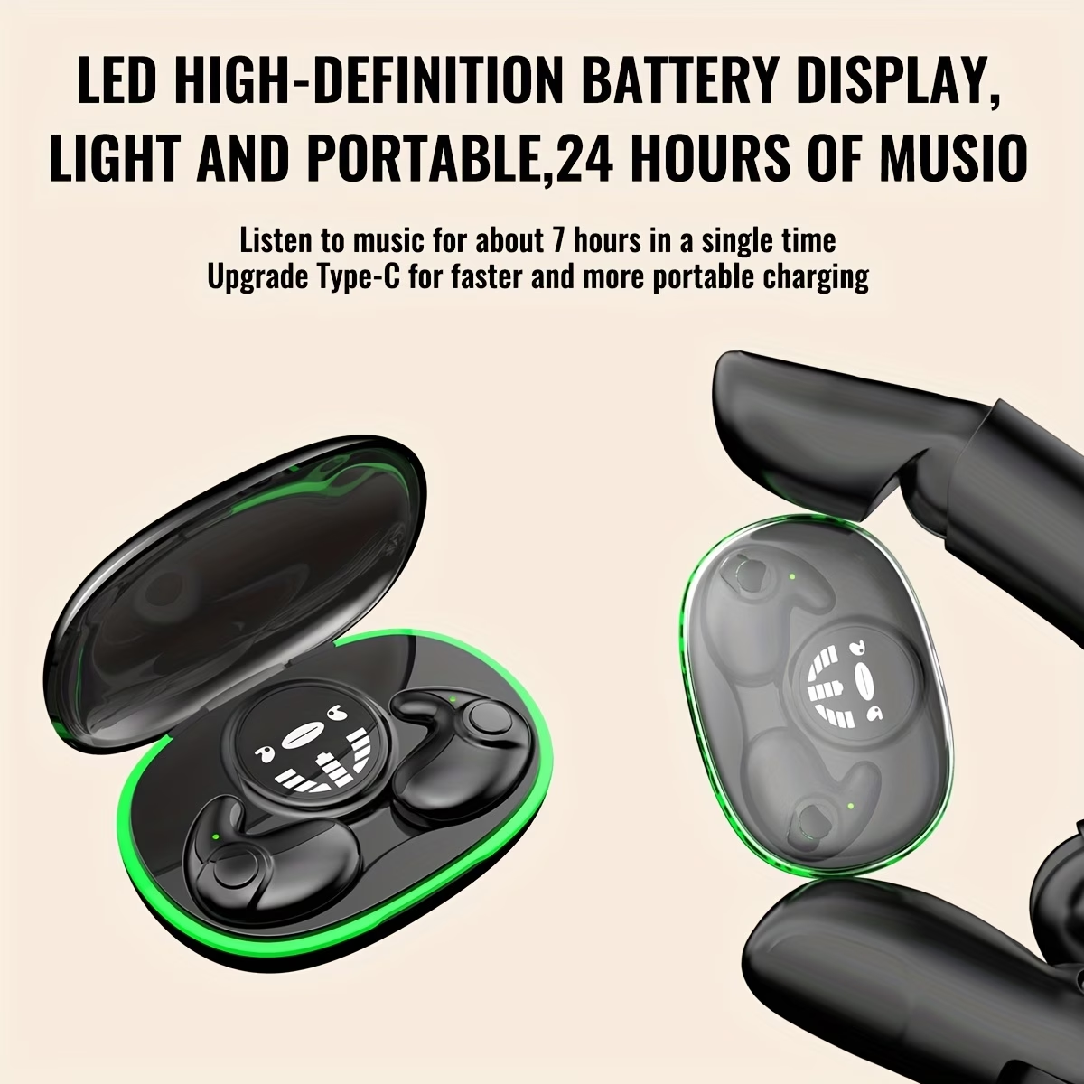 Ultra Thin Wireless Sleep Earphones with High Fidelity Sound, High Volume, Comfortable to Wear, Touch Control, Half Open Back, No Tangled Cables and Wireless Charging Case, Suitable for Both Men and Women