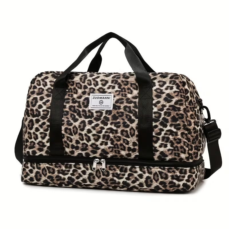 Trendy Leopard-Patterned Suitcase with Ample Space, Featuring a Separate Compartment for Shoes, an Adjustable Shoulder Strap, Ideal for Gym, Yoga, And Weekend Getaways, As Well As Leisure Activities And Outdoor Camping