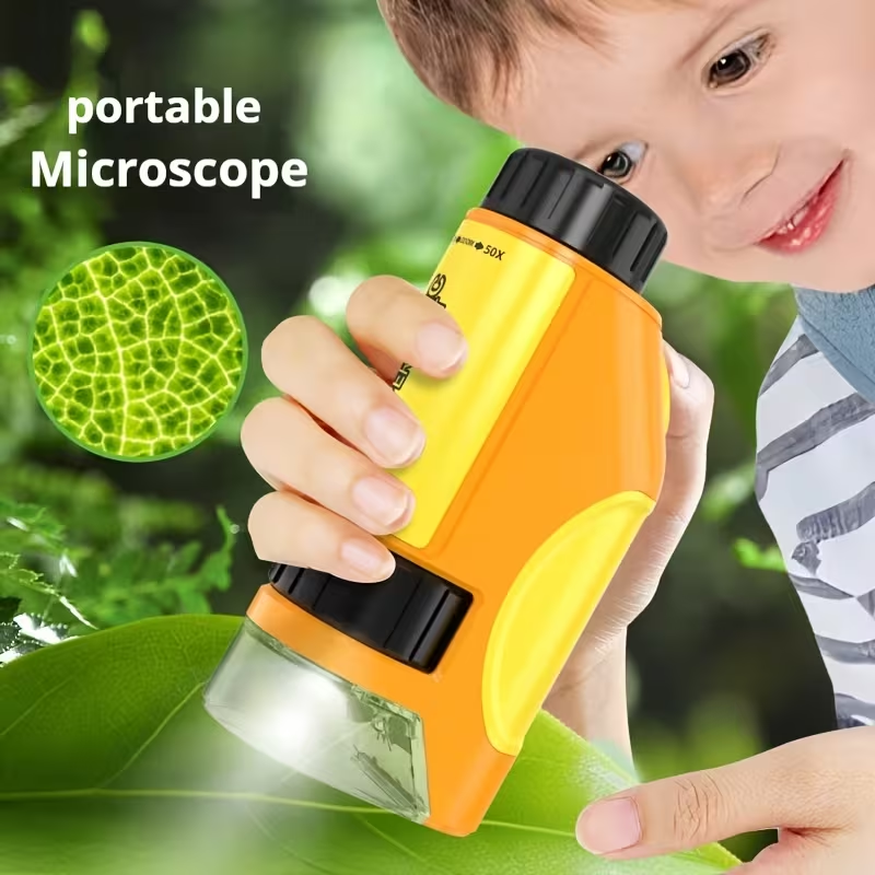 Portable Handheld Microscope Toy, with LED Light 50X-300X, Outdoor Indoor Nature Exploration Science Educational Toy, Holiday Gift