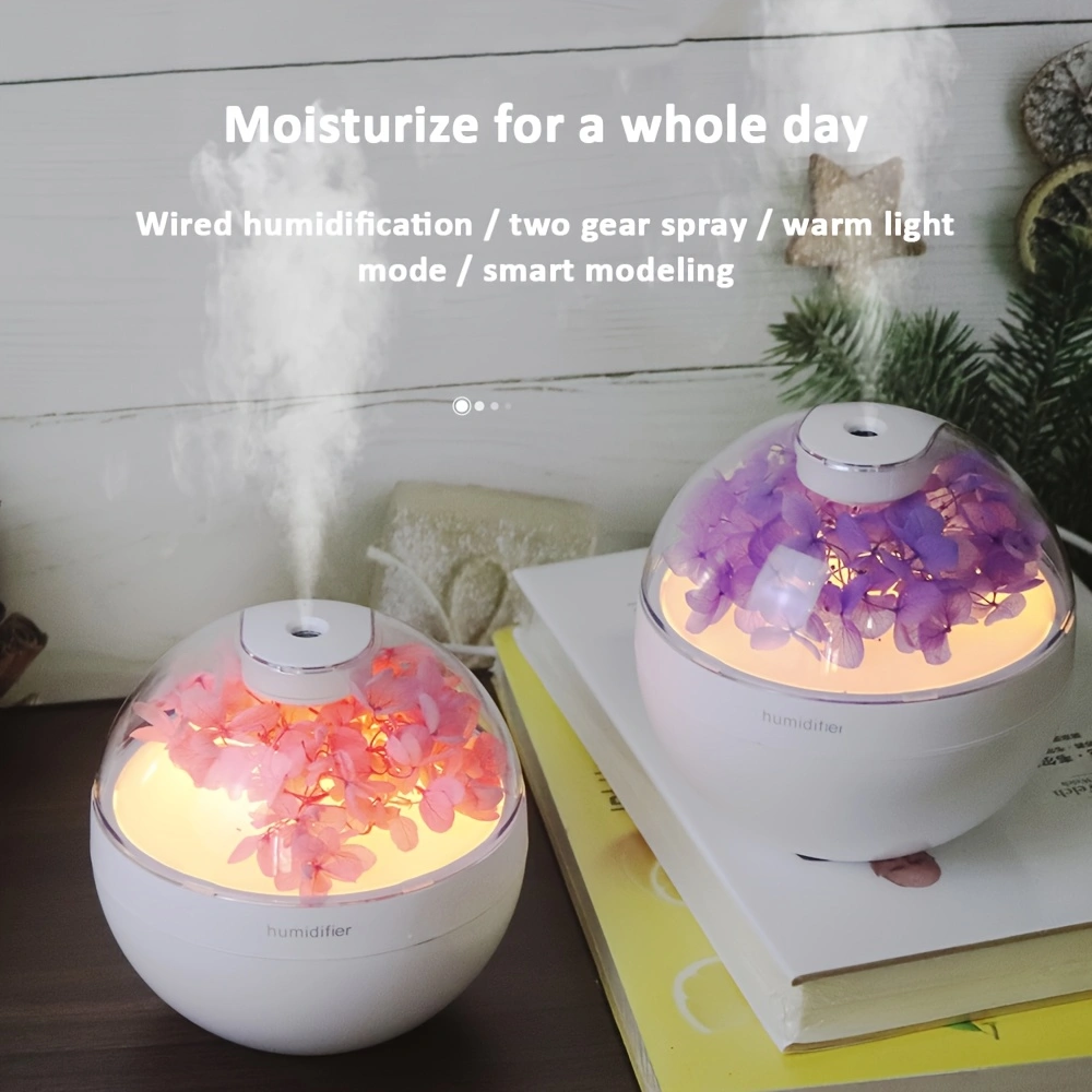 Preservative flower humidifier, USB multi-scene creative ultrasonic humidification and moisturizing spray, wired humidification, warm light mode, two spray levels, easy button operation, automatic power-off to prevent dry burning.