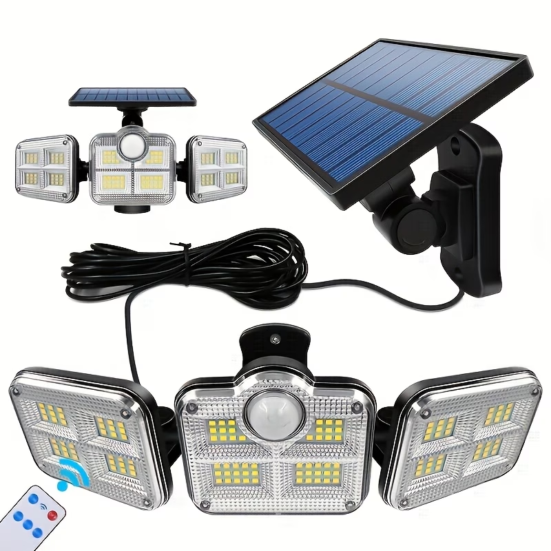 TURAOHU Solar Security Light with Motion Sensor - 3 Head 122 LED Adjustable Light, Semi-Recessed Plastic Wall Sconce, Remote Control, Solar Powered 2400mAh Li-Ion Battery, Non-Removable Photovoltaic Panel - Includes Light Source.