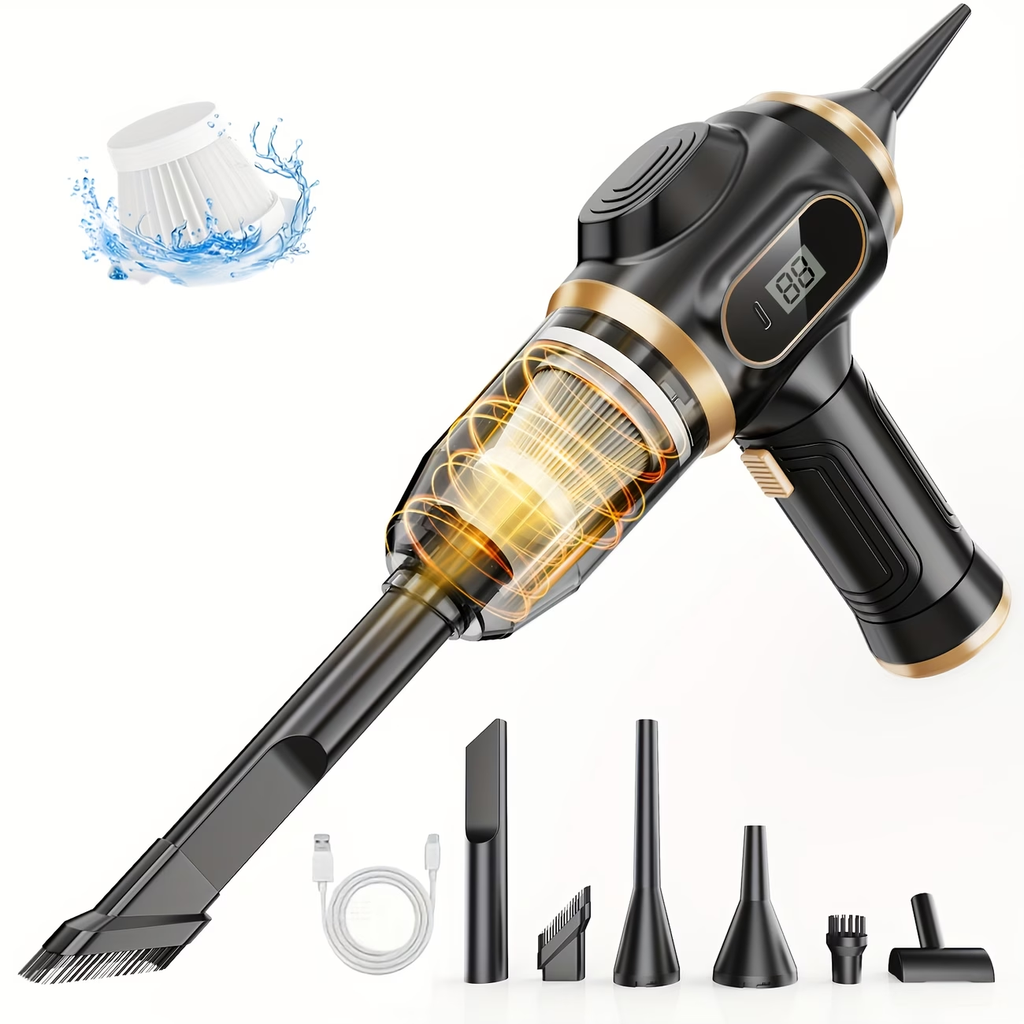 High-Power Handheld Vacuum Cleaner with Strong Suction - Fast Cleaning, Includes Crevice Tool & Multiple Accessories and Brushes, USB Charging, Blowing and Sucking Function, for Home and Car Use, Hair Removal, Quick Cleanup, Ergonomic Grip
