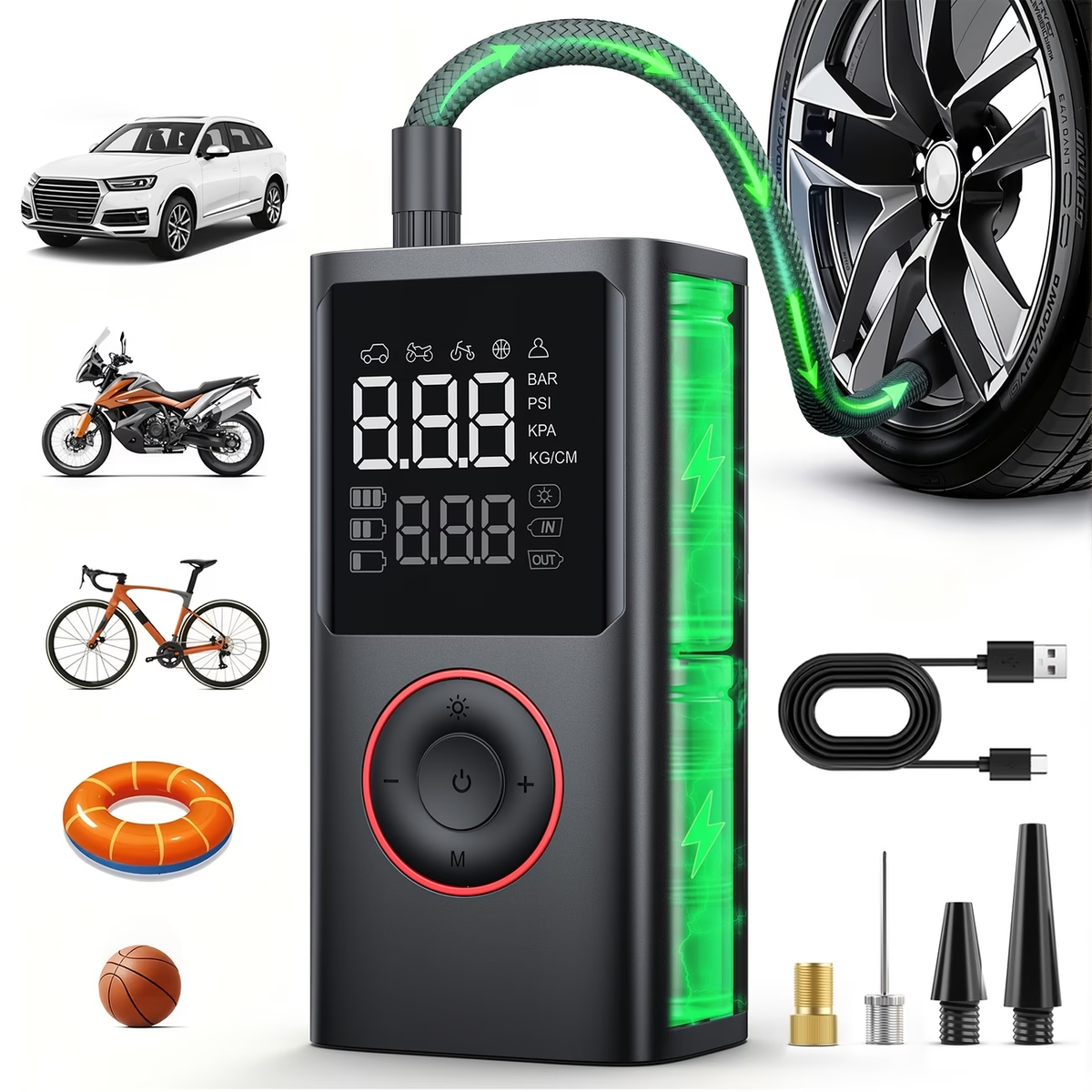 Holiday Special! [Cordless Tire Inflator] Portable Tire Inflator - Cordless Air Compressor with Digital Gauge & LED Light, USB Rechargeable, 3X Fast Inflation for SUV, Cars, Bikes, Motorcycles & Sports Equipment And Ball