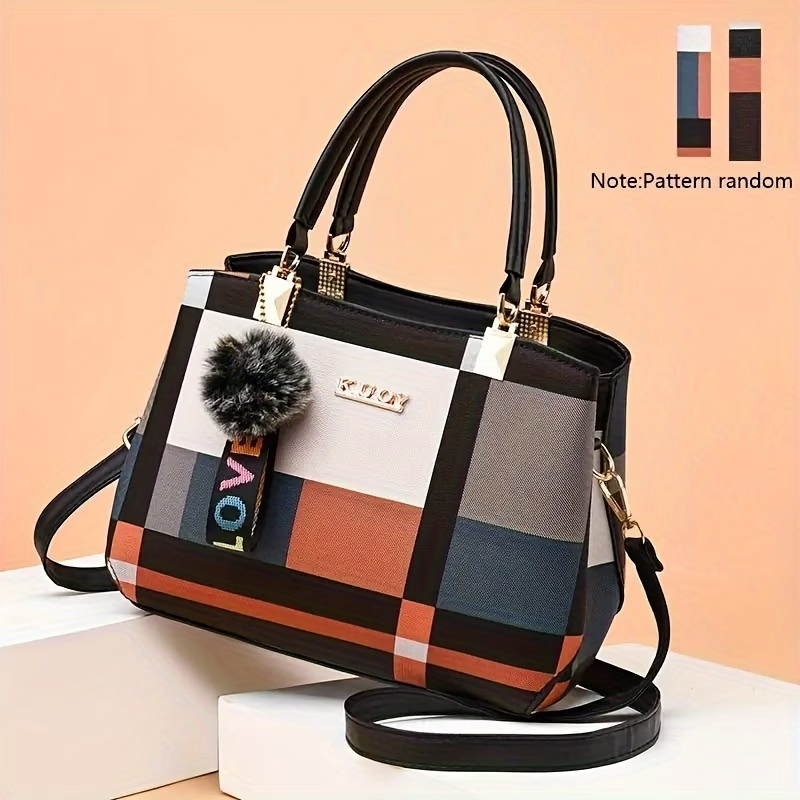 Plaid Decorated Wo 's Fashion Small Handbag with Ball Decoration Multi-Layer Mini Handbag Suitable for Date Party Student White Collar