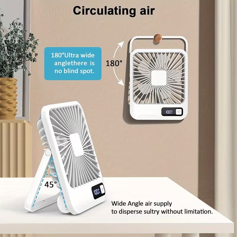 Rechargeable Table Fan with a 1800Mah Battery, Featuring a 180° Foldable Design And Power Display. This Ultra-Quiet Desktop Fan Is Ideal for Home, Office, Travel, And Outdoor Use, Offering 5 Speed Settings