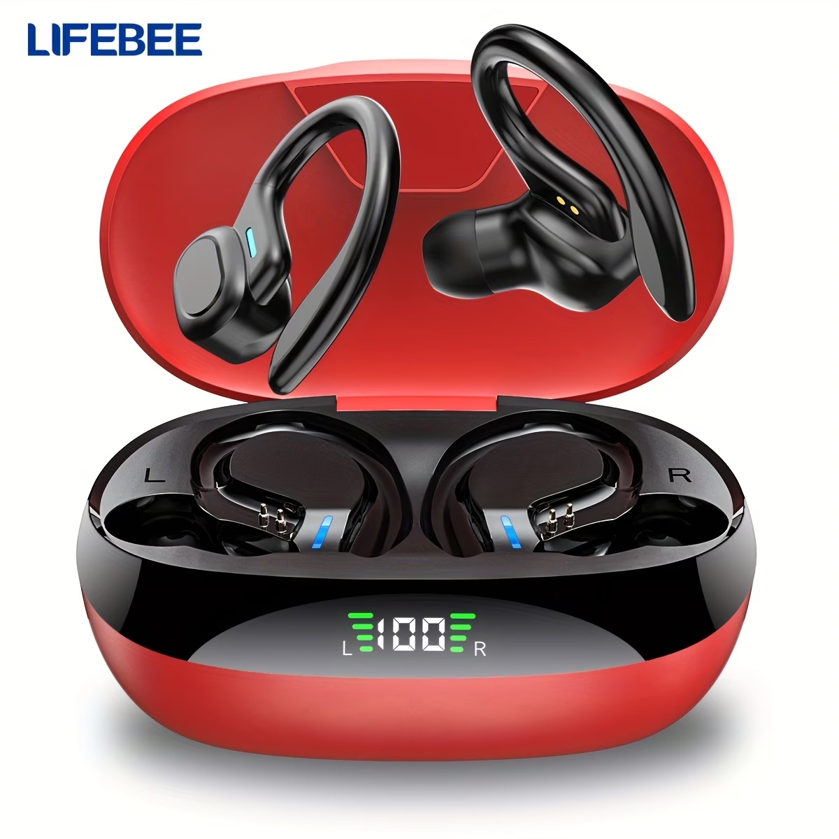 LIFEBEE Wireless Running Earbuds with Earhooks, Noise Cancelling Headphones for Sports, Dual-LED Display, Pure Bass Sound, Built-in Microphone