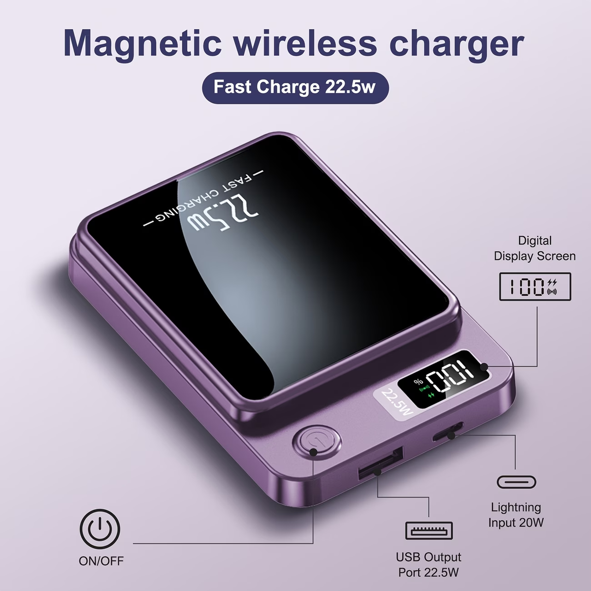 Sunthon Magnetic Wireless Charging Power Bank, 10000/5000mAh Portable Wireless Charger, 22.5W/PD20W Fast Charging Battery Pack, with LED Power Display, 2 Outputs And Dual Input External Battery Pack for iPhone 17/16/15/14/13/12 And Android Universal