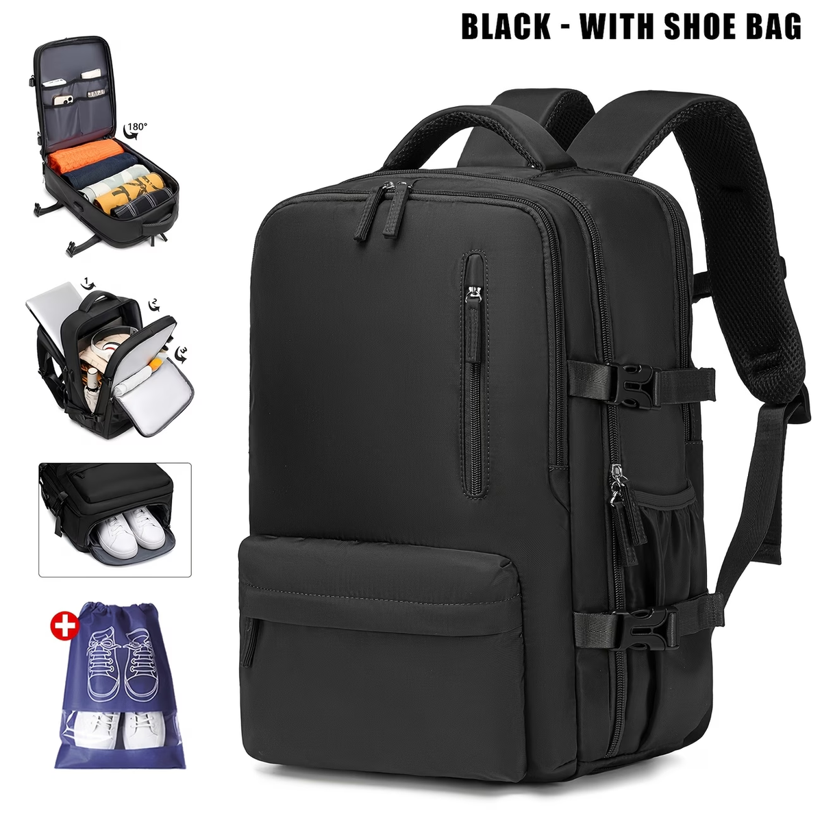 Airline-Approved Large Capacity Travel Backpack with 16" Laptop Compartment, Shoe Pocket & Multi-Pocket Organizer - Durable 180° Open Top, USB Charging, 360° Spinner Wheels for Business, Gym, School, Travel Backpack