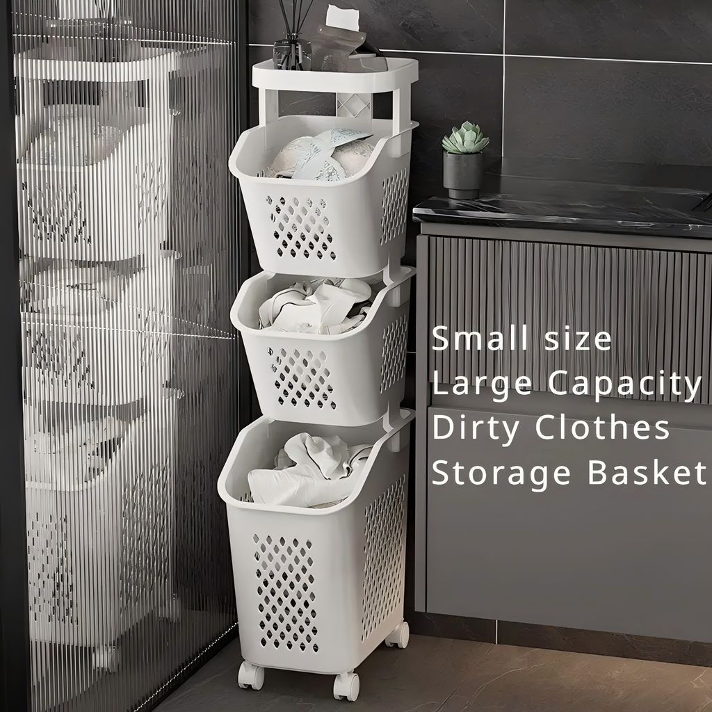 Three-tier laundry basket/storage rack for bathroom, balcony, and bedroom spaces