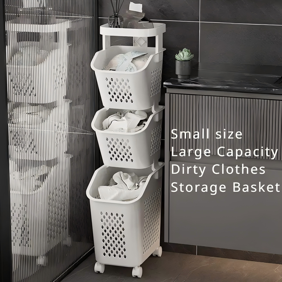Three-tier laundry basket/storage rack for bathroom, balcony, and bedroom spaces