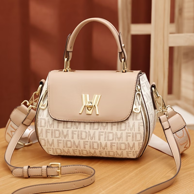 Vintage Letter Print Satchel Bag, Classic Colorblock Shoulder Handbag, Synthetic with Feature, Adjustable Strap, Zipper Closure, Polyester Lining, Paint Detail, Occasion-Ready