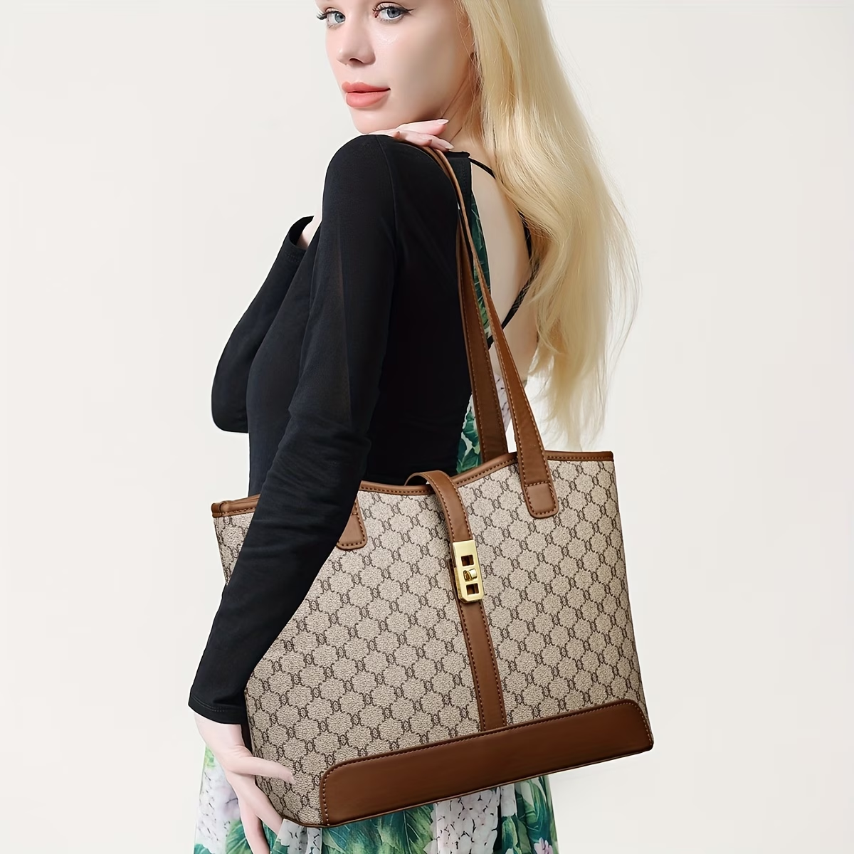 Women's Large Capacity Tote Bag - Coffee & Gray with Golden-Tone Hardware, Zipper Closure, Sturdy Handles & Detachable Shoulder Strap for Work, Travel, Everyday Use, Elegant Handbag, Oiled Edge Construction