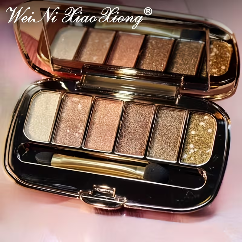 6 colors Diamond Pearly Glitter Eyeshadow Palette with Brush and Mirror - Enhance Your Eye Makeup with Polarized Shimmer