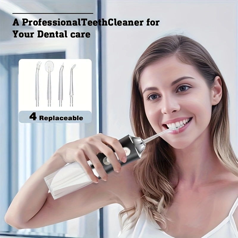 Large-capacity oral irrigator, tongue cleaner, teeth rinser; portable USB rechargeable; deep cleaning of teeth; comes with 4 cleaning heads.