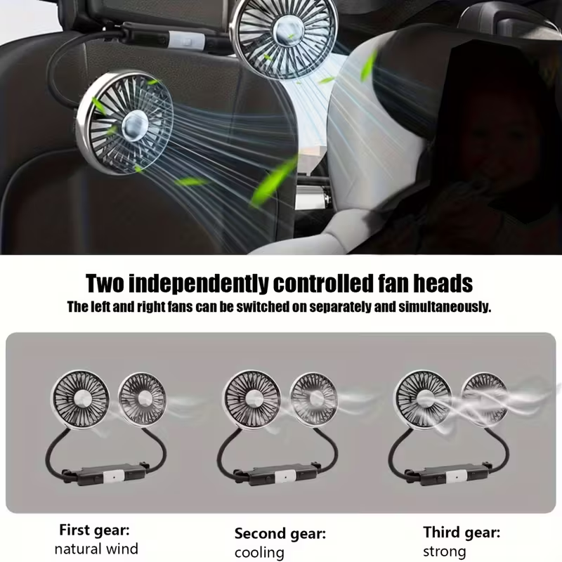 A Dual-Head Hose Fan for Cars, Featuring a USB Interface for The Rear Seat, Offers 360° Rotation And Three-Speed Strong Airflow. This USB Device Is Designed for Cooling in Vehicles And Is Also Compatible with Laptops