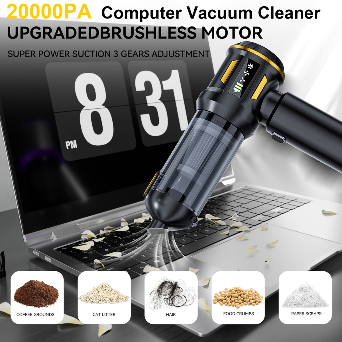2026 NEW 20000Pa Powerful Handheld Vacuum Cleaner Battery, 4in 1 Lightweight Vacuum Blower & Vacuum Cleaner, LED Display, USB Rechargeable Mini Vacuum Cleaner for Car, Home & Pet Hair Cleaning, Equipped with Cleaning Hoses