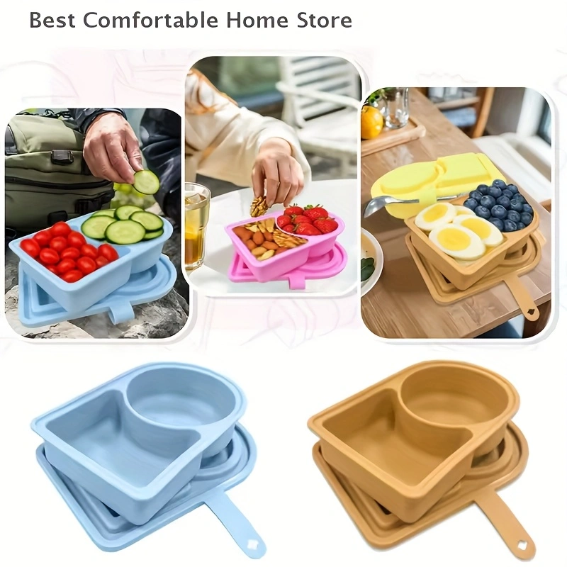Food-grade silicone dip container with portable lid, reusable double compartment seasoning box, silicone snack box