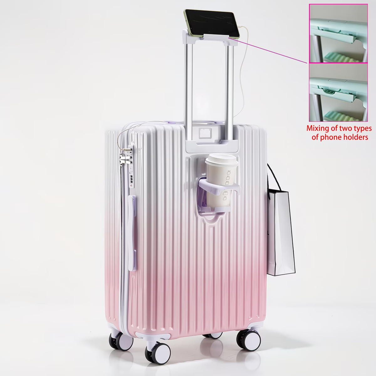 Christmas Gifts: Multi-functional Gradient Color Suitcase with High Quality Zipper, Cup Holder, USB Charging Port, Portable Hook, Telescopic Handle, Phone Holder. New 20-Inch Ultra-Light, Stylish, and Fresh-Looking Combination Lock Travel Suitcase