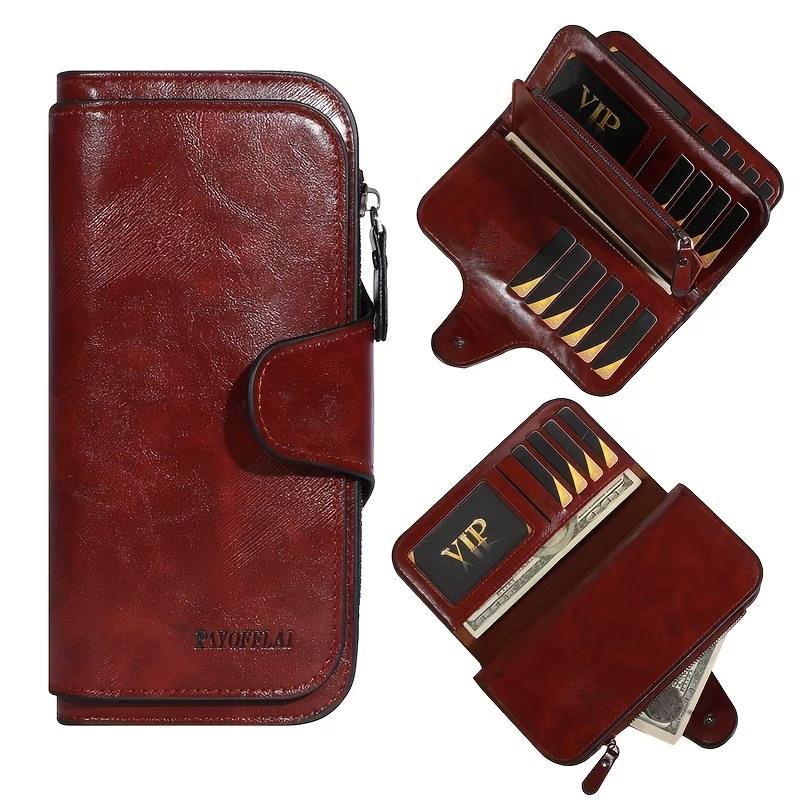 Women'S Large Capacity Clutch Luxury Waxed Wallet Multi-Card Storage Box Credit Card Holder Wallet with Zipper Pocket ID Window