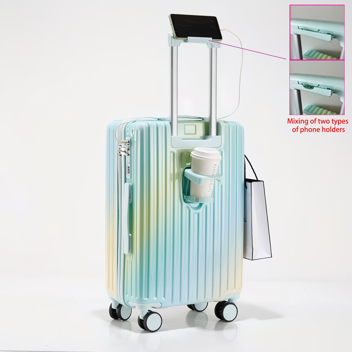 Christmas Gifts: Multi-functional Gradient Color Suitcase with High Quality Zipper, Cup Holder, USB Charging Port, Portable Hook, Telescopic Handle, Phone Holder. New 20-Inch Ultra-Light, Stylish, and Fresh-Looking Combination Lock Travel Suitcase