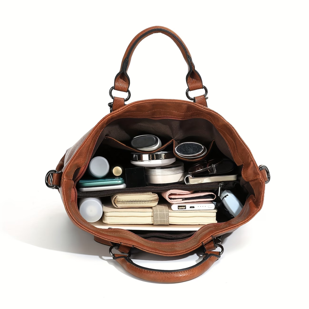 Women's Vintage Synthetic Leather Tote Handbag with Adjustable Shoulder Strap, Multi-Pocket Organization & Zipper Closure - Soft Oil-Edged Design, Polyester Lining