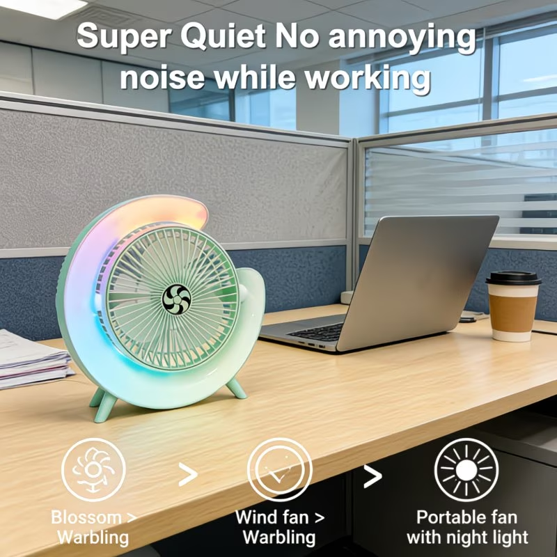 USB Desktop Fan with LED Light, Multifunctional Small Fan, Silent And Portable, 3-Speed Regulation, Rechargeable, Long Battery Life, Home Office Bedside Radiator, Creative Design, Summer Cool Gift