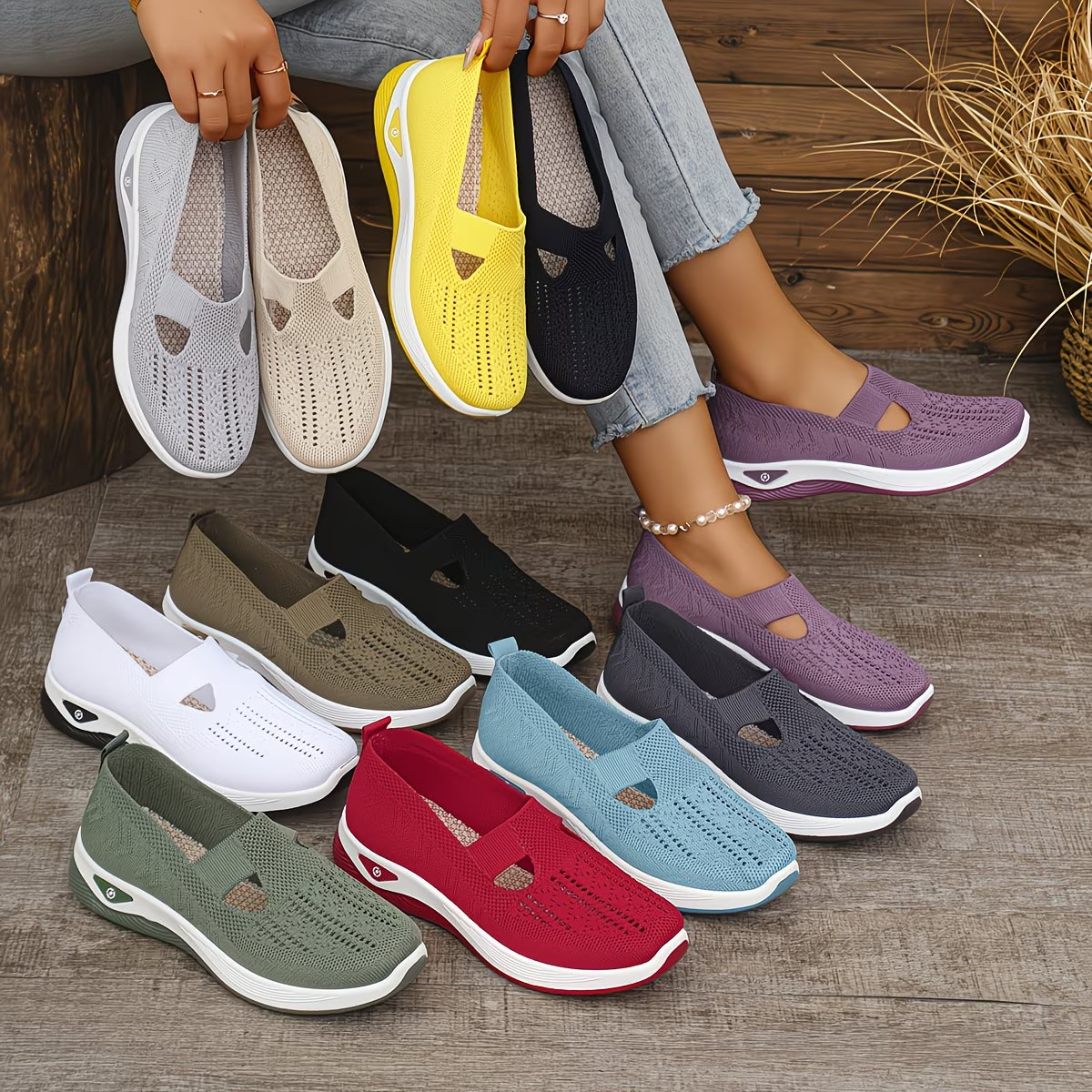 Women'S Slip-On Sneakers | Breathable Knitted Upper, Lightweight PVC Sole, Comfortable Adjustable Straps with Shock-Absorbing Insole, Low-Top Design, All-Season Comfort