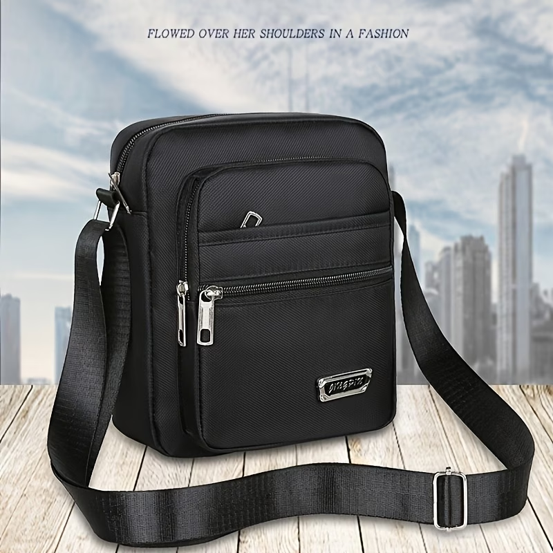 Men'S Classic Black Oxford Crossbody Bag - Large Capacity Casual Daypack with 6 Adjustable Zippers, Multiple Compartments & Safety Pocket, Durable Sling Bag for Travel, Commuting, Everyday Use, Secure Zipper Closure