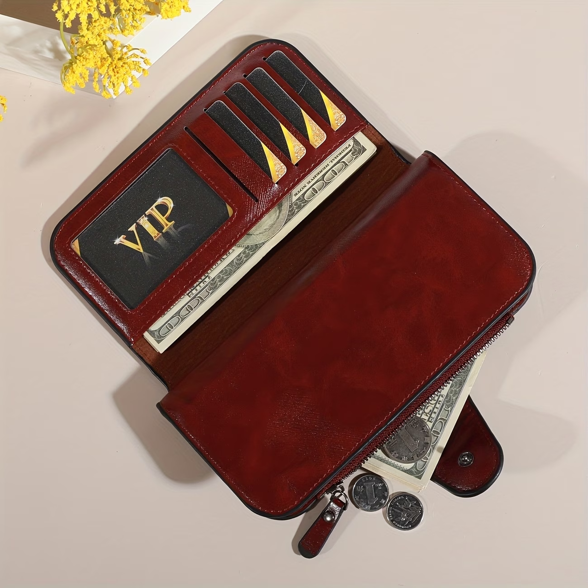 Women'S Large Capacity Clutch Luxury Waxed Wallet Multi-Card Storage Box Credit Card Holder Wallet with Zipper Pocket ID Window
