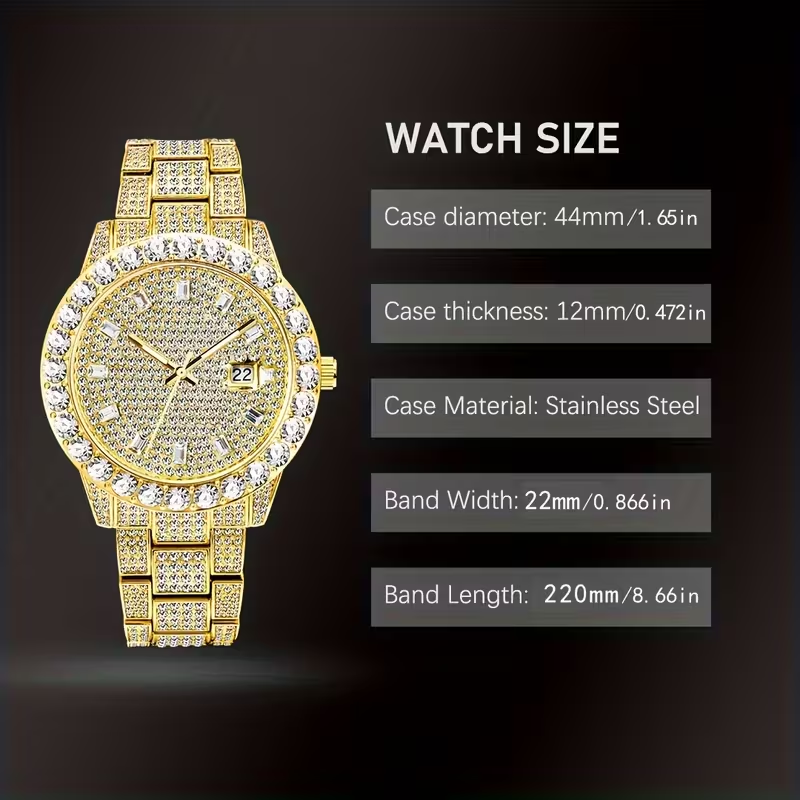 Luxury Men's and Women's Watches, Night Light Hands, Ice Cold Flashing Synthetic Rhinestone Watches, Men's Hip-hop Rock Fashion Calendar, Quartz Watches, Drowshipping