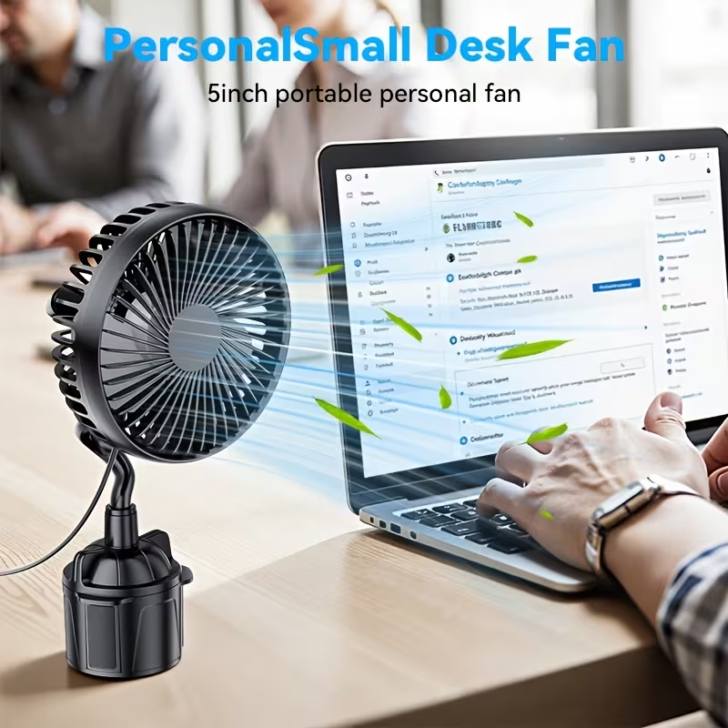 USB Cup Holder Fan | Portable Personal Desk Fan with Power Cord, 3 Speeds Strong Airflow, Flexible Adjustable Hose, Ultra-Quiet | Ideal for Home, Office, Car & Summer Travel