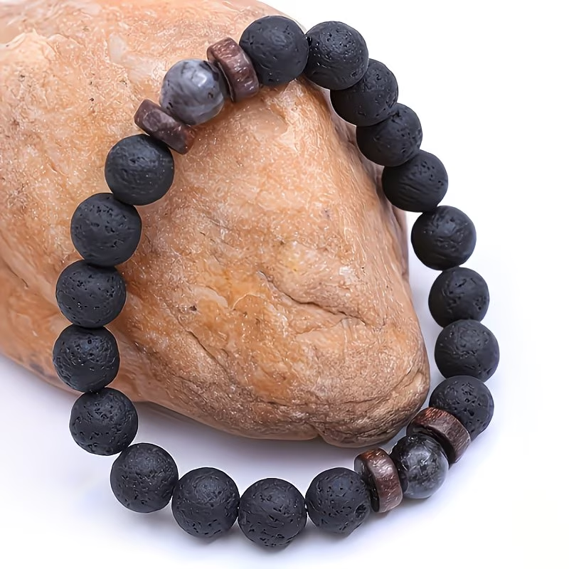 1pc Men'S Vintage Natural Stone Bracelet, Featuring Essential Oil Beads - Black And Brown, Suitable for Everyday Wear, Perfect for Father'S Day, Valentine'S Day, Christmas, Halloween, Thanksgiving