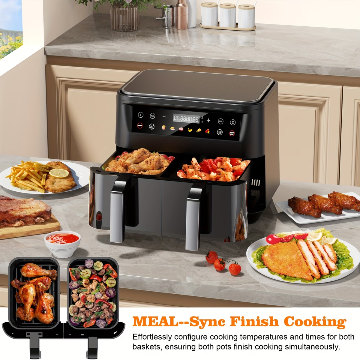 10Qt 10-in-1 Dual Air Fryer, Fresh Balanced Meals for Family And Children with Double Baskets, Sync Cook & Finish to Bake, Roast, Reheat, Broil for Easy Cooking, Dishwasher Safe - Includes Air Fryer Paper Liners 50pcs, Christmas Gift